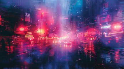 An album cover for an electronic music artist, featuring a neon-colored glass blur effect over a dark, moody cityscape. - obrazy, fototapety, plakaty