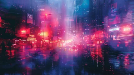 Foto op Canvas An album cover for an electronic music artist, featuring a neon-colored glass blur effect over a dark, moody cityscape. © Exnoi