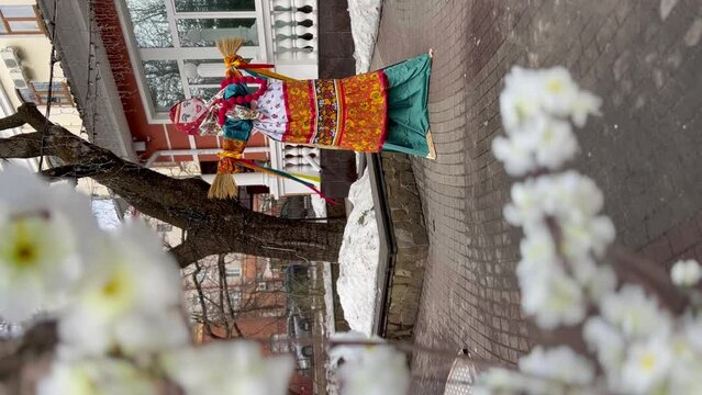 a vintage female figure of Maslenitsa in a multicolored Slavic-style costume stands on the path near the house against the background of cherry branches with white flowers
