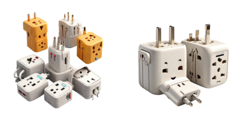 set of travel adapters isolated on transparent background
