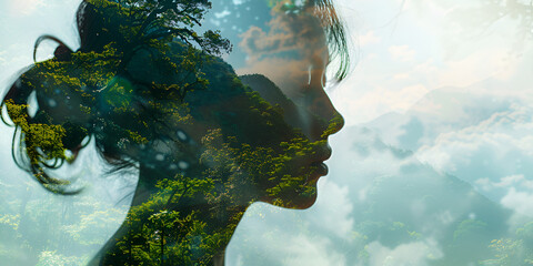 People and nature concept Double exposure portrait of woman with green forest creative artwork, generative ai
