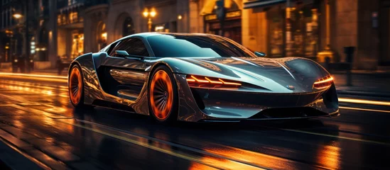  Modern futuristic car in movement. Cars lights on the road at night time © GoDress