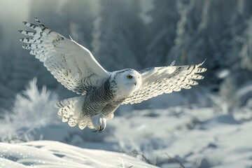 Snowy Owl in Flight: Majestic snowy owl captured mid-flight against a snowy backdrop.

