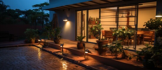 Motion sensor led lights on the terrace of a small solar powered house
