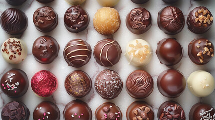 Assorted chocolates, luxury chocolate bonbons, close up. Food Background. Top view.	
