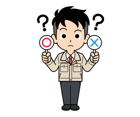 まるバツ札を持つ営業マンの男性