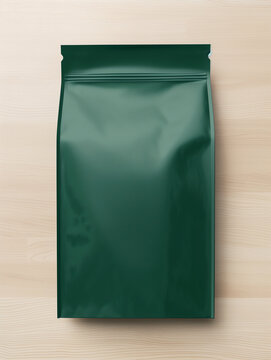 Blank Green Food Bag Packaging on Wooden Table 3D illustration
