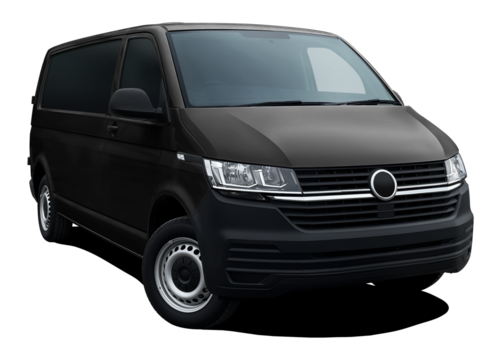 Modern European passenger minibus, front side view isolated on white background in png format, black color.