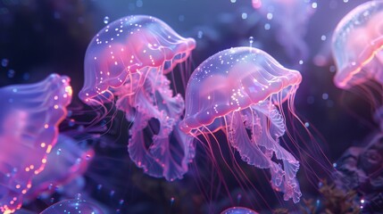 An underwater scene where jellyfish emit a soft, pulsing glow, showcasing animation techniques for a lifelike effect.