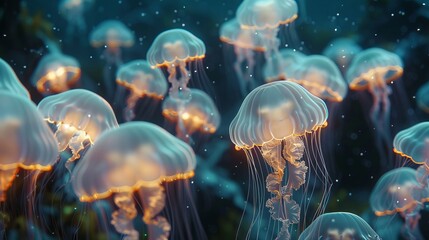 An underwater scene where jellyfish emit a soft, pulsing glow, showcasing animation techniques for a lifelike effect. - obrazy, fototapety, plakaty
