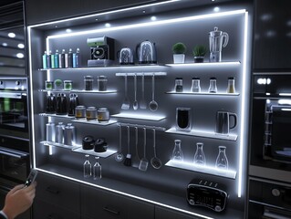 A kitchen with a countertop that has a shelf with a variety of items on it. The shelf is lit up and has a modern look