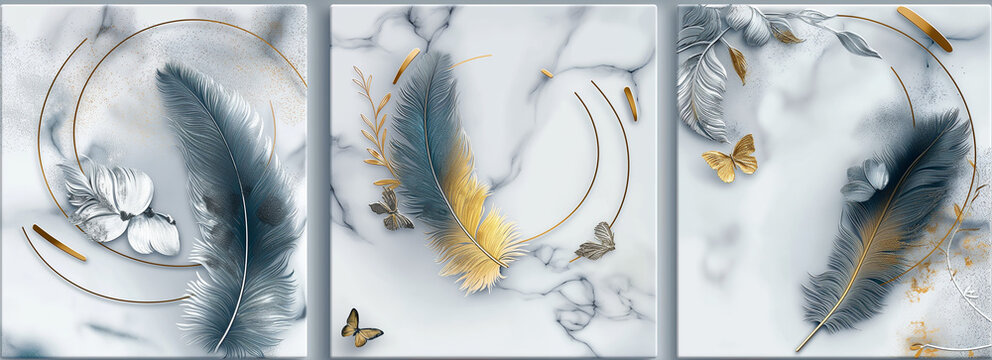 Fototapeta panel wall art, marble background with feather designs and butterfly silhouette, wall decoration  