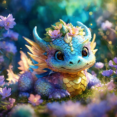 Fototapeta na wymiar Cute colorful shiny baby dragon - AI generated 