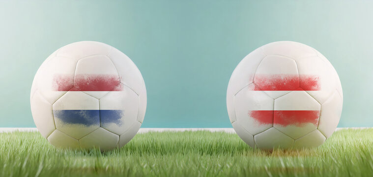 Netherlands vs Austria football match infographic template for Euro 2024 match scoreline announcement. Two soccer balls with country flags placed against each other on the green grass with copy space