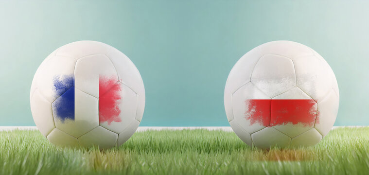 France vs Poland football match infographic template for Euro 2024 matchday scoreline announcement. Two soccer balls with country flags placed against each other on the green grass with copy space