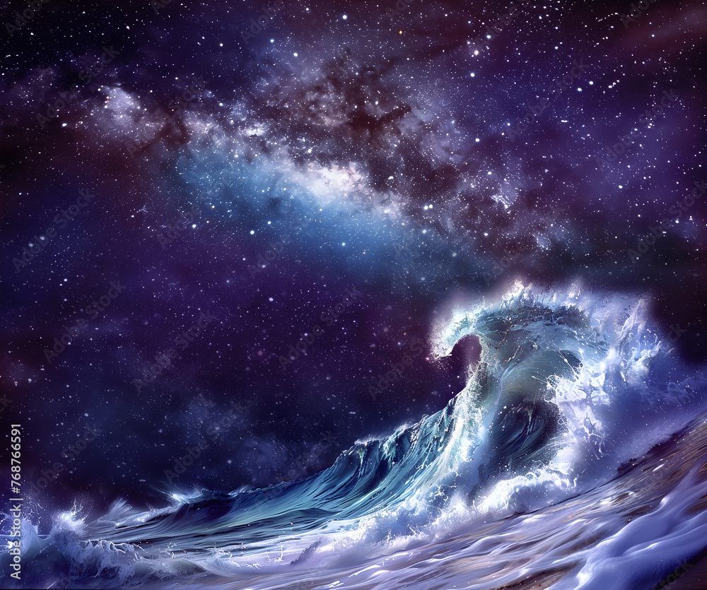 Wall mural the milky way galaxy meets with a giant ocean wave - dark sky night background and huge wave in the 