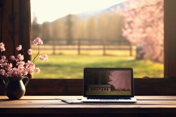 Laptop on wooden table in front of window with beautiful spring landscape