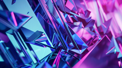 A futuristic digital landscape of angular, refractive shapes in a kaleidoscope of blues and purples.