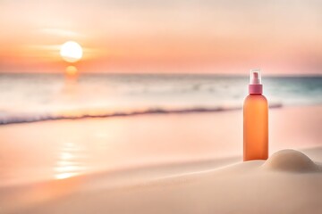 orange pinkish body lotion cream container on the beach , summer  sunset , cosmetics brand template - obrazy, fototapety, plakaty