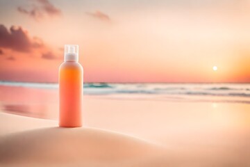 orange pinkish  lotion cream bottle on the beach , summer  sunset , cosmetics brand template