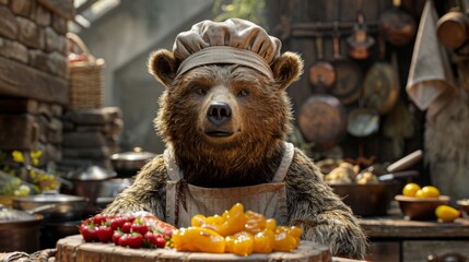 Bear as a Chef: Given bears' well-known love for food, bear chef in a gourmet kitchen, wearing a chef's hat and apron, standing over a large wooden table filled with an assortment of honey. - obrazy, fototapety, plakaty