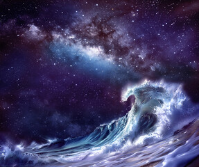 The milky way galaxy meets with a giant ocean wave - dark sky night background and huge wave in the foreground ideal for a spiritual message
- 768766591
