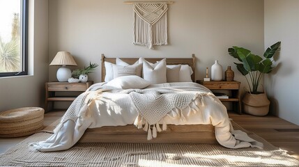 Cozy Bedroom Interior with Natural Light and Textured Bedding