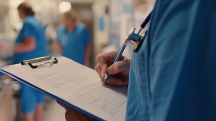 Healthcare professional focused on writing patient notes in a bustling hospital environment.
