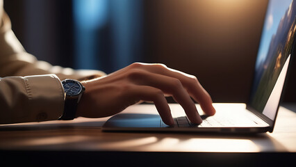 Male hands in white shirt with watch working on laptop, space for copy. Business, man working in office, hands close-up.