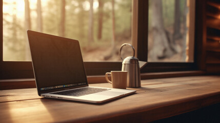 Laptop on a wooden table with a cup of coffee and a kettle