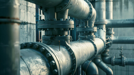 Obraz premium Industrial pipes and valves weave a complex network in a high-pressure, grayscale atmosphere.