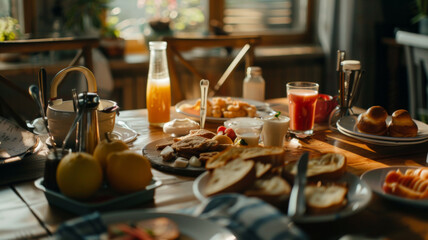 Fototapeta na wymiar Morning light graces a wholesome breakfast spread to start the day with nurturing warmth.