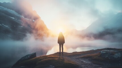 Silhouette of a person standing on a mountain peak with dramatic sunrise clouds in the background. - obrazy, fototapety, plakaty