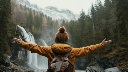 Person in yellow jacket with open arms facing a majestic waterfall in a forested mountain landscape. - obrazy, fototapety, plakaty