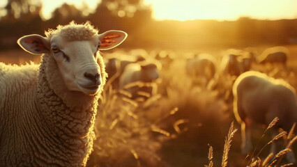 Sun-kissed sheep stands amidst a flock, radiant in the golden hour of pastoral tranquility. - obrazy, fototapety, plakaty