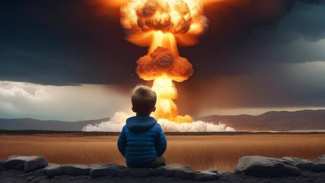Little boy watching huge nuclear bomb explosion with a mushroom cloud in the desert, back view, weapon of mass destruction. Retro style