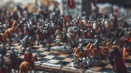 A dynamic portrayal of a medieval battlefield recreated on a chessboard - obrazy, fototapety, plakaty