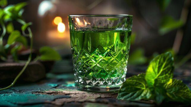 Green Absinthe in crystal glass on table