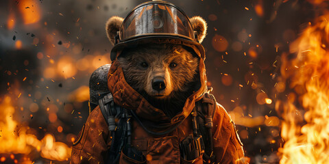 Brave Wilderness Guardian: The Firefighter Bear in the Inferno Banner - obrazy, fototapety, plakaty