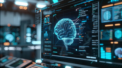 Advanced brain scan interface with 3D visualization on futuristic computer screens. - obrazy, fototapety, plakaty