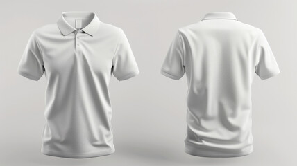 Blank white polo shirt, front and back view, isolated on a neutral background.