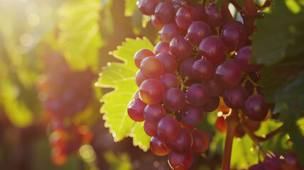 Sunlit ripe red grapes on a vine, signaling a bountiful harvest.