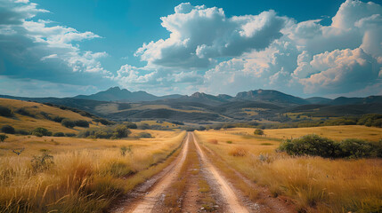 A serene natural landscape with a dirt road leading through the countryside, perfect for travel and adventure themes.