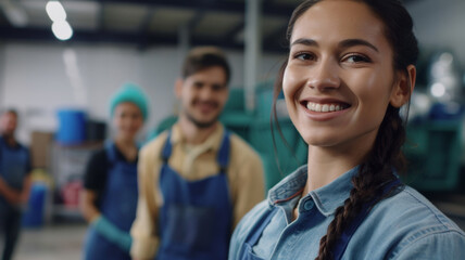 Fototapeta premium Confident female worker with colleagues in background at a modern manufacturing plant.