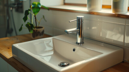 Minimalist bathroom sink with a modern design in a well-lit interior.
