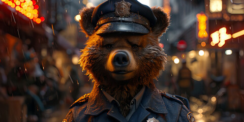 Furry Guardian of the City Night: Brave Bear Officer Banner - obrazy, fototapety, plakaty