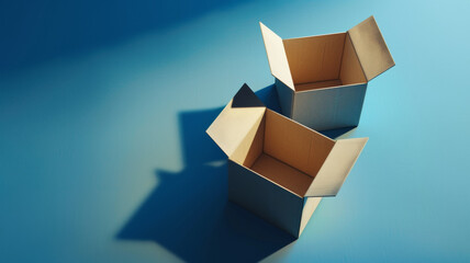 Two open cardboard boxes cast sharp shadows on a plain blue background, hinting at relocation.