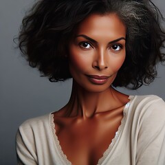 portrait of a woman, portrait of a woman, : Close-up of a person with natural curly hair wearing a sheer top