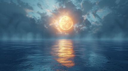 Moon over ocean landscape, moonlight, dusk background - obrazy, fototapety, plakaty