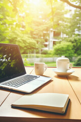Fototapeta premium Laptop and coffee cup on wooden table with green nature background .